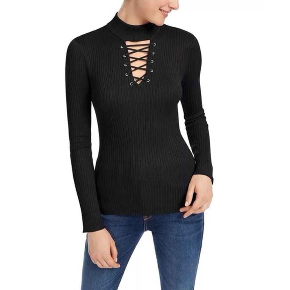 Planet Gold Lace Up Mockneck Ribbed Longsleeve Top NWT